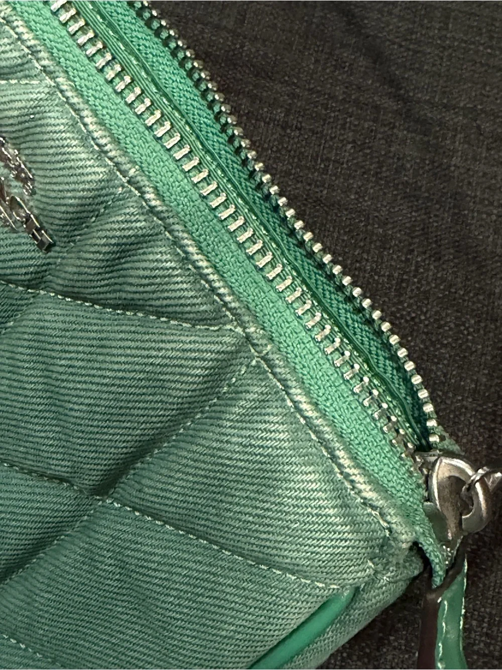 Coach Nolia Green denim silver hardware wristlet/mini bag
